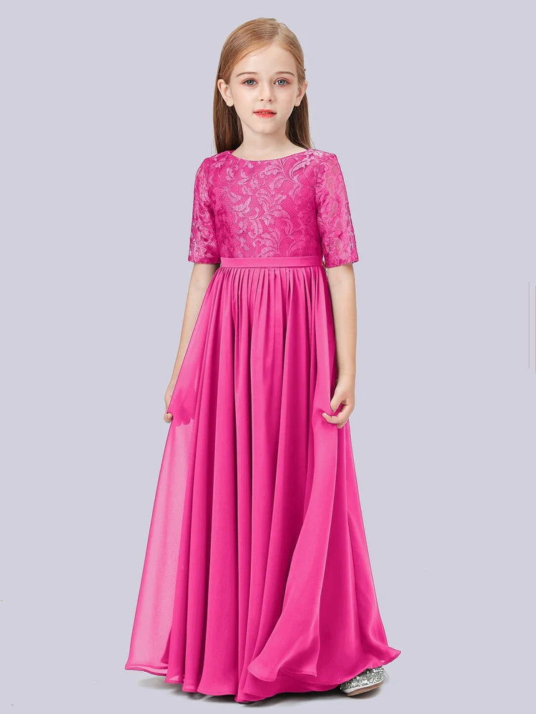 Chiffon A-Line Scoop Neck Half Sleeves Junior Dress-FJ00017