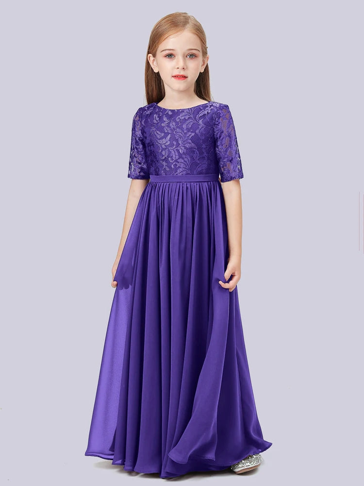 Chiffon A-Line Scoop Neck Half Sleeves Junior Dress-FJ00017