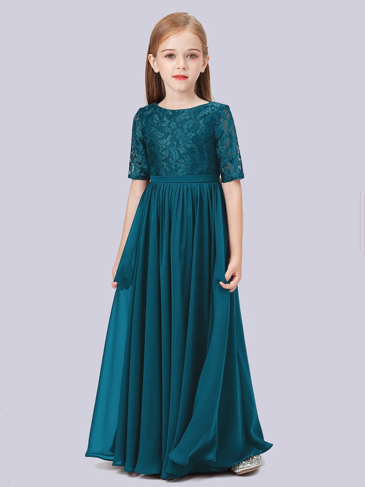 Chiffon A-Line Scoop Neck Half Sleeves Junior Dress-FJ00017