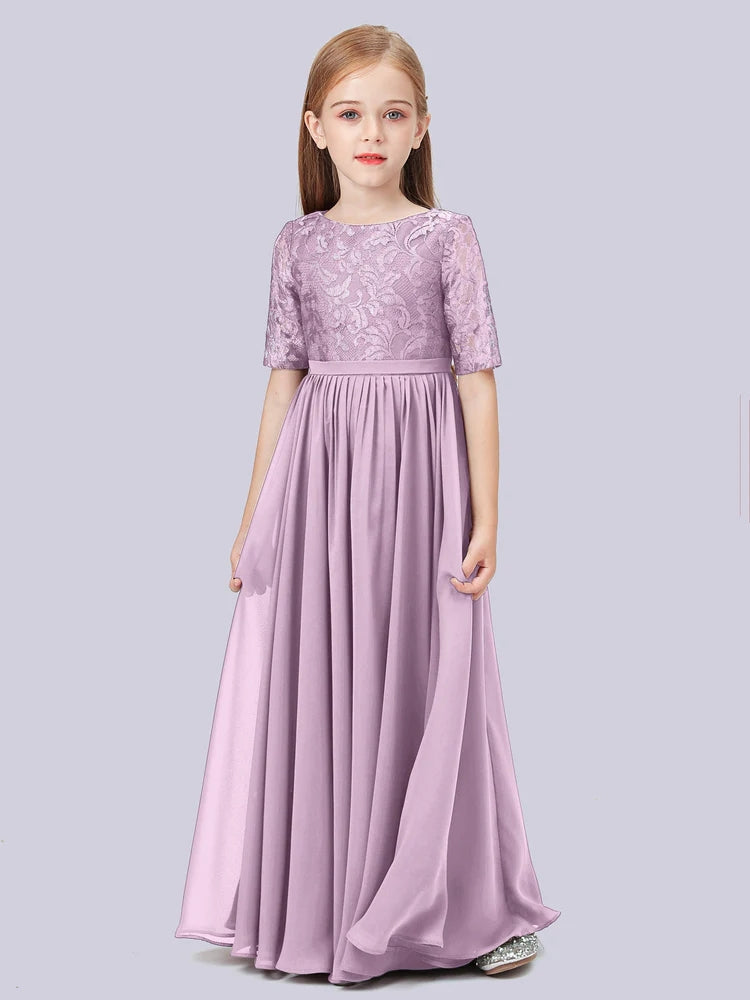 Chiffon A-Line Scoop Neck Half Sleeves Junior Dress-FJ00017