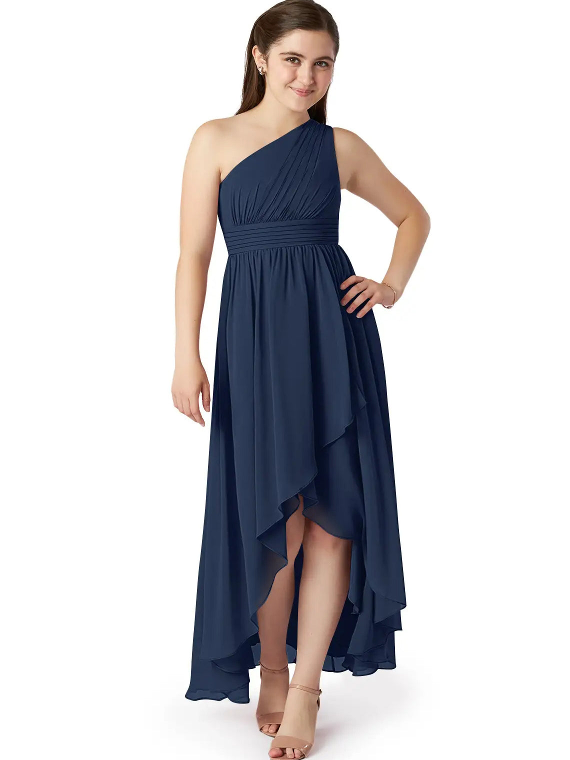 Chiffon A-Line One Shoulder Sleeveless Junior Dress-FJ00025