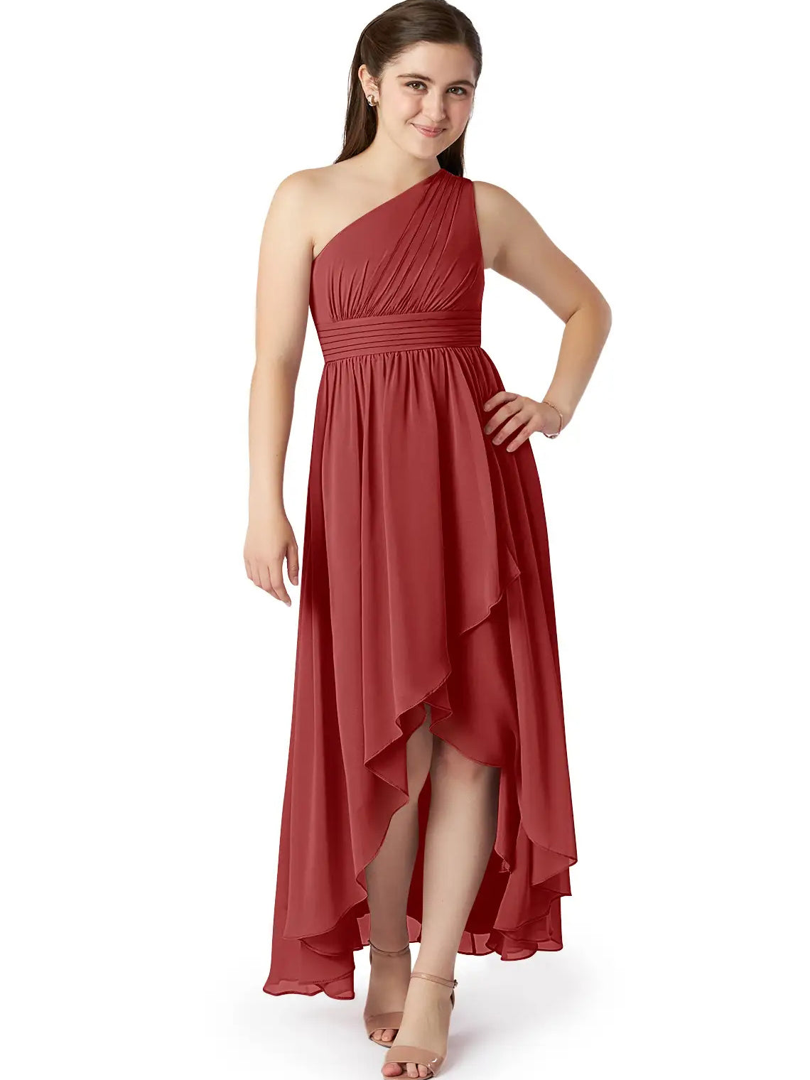 Chiffon A-Line One Shoulder Sleeveless Junior Dress-FJ00025