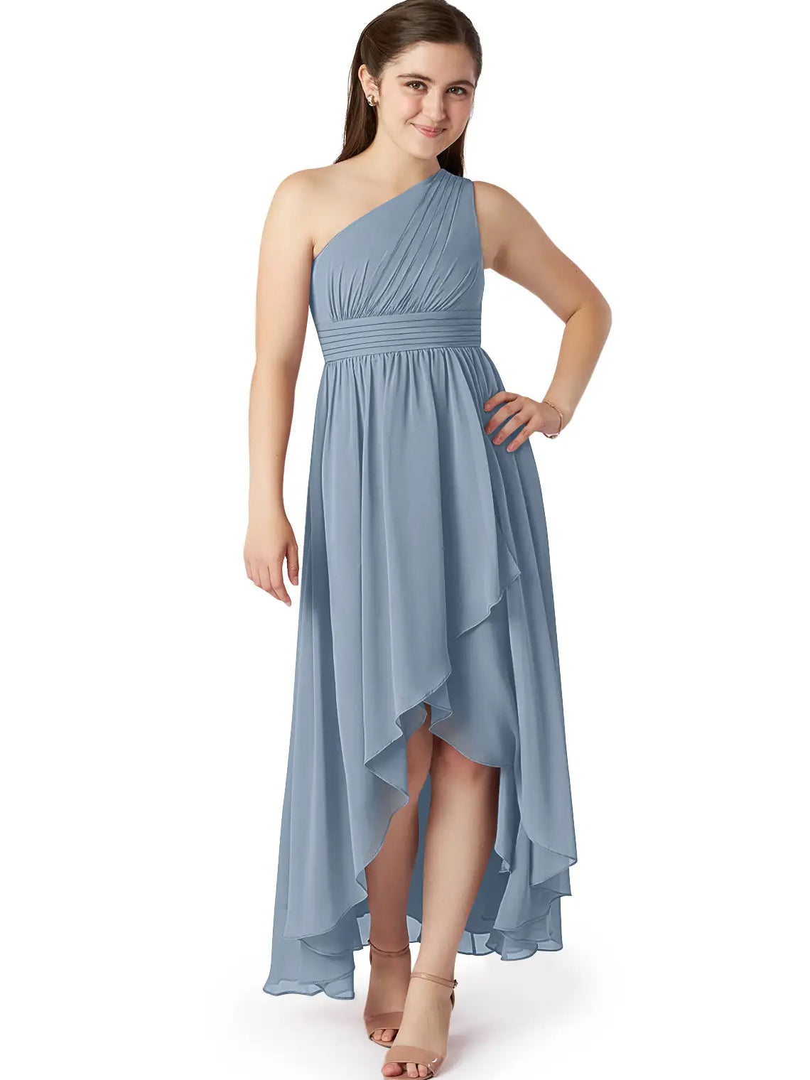 Chiffon A-Line One Shoulder Sleeveless Junior Dress-FJ00025